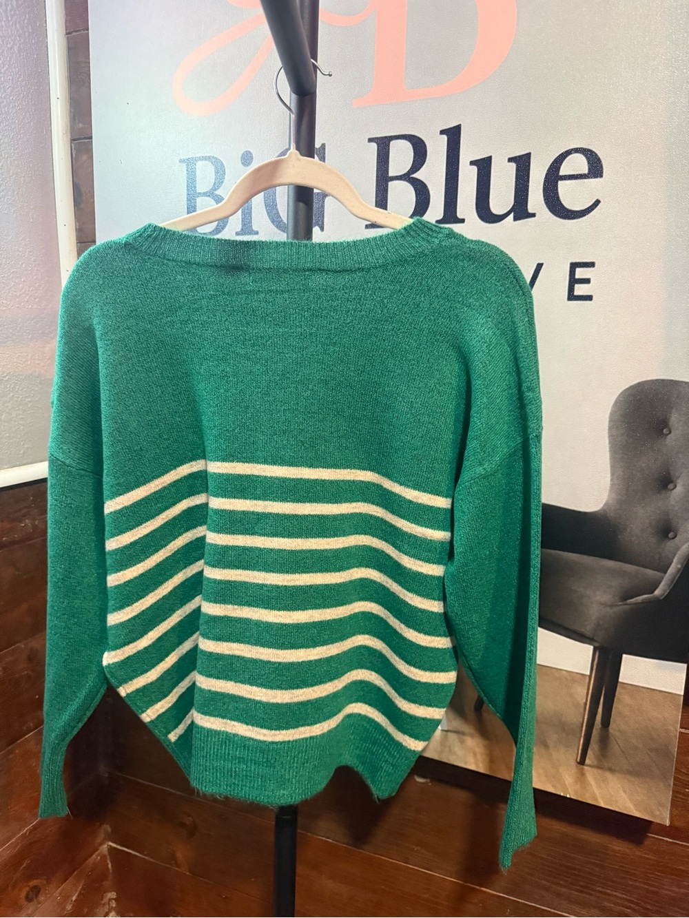 Zenana Outfitters Green Crewneck Sweater with Cream Stripes - Picture 3 of 3
